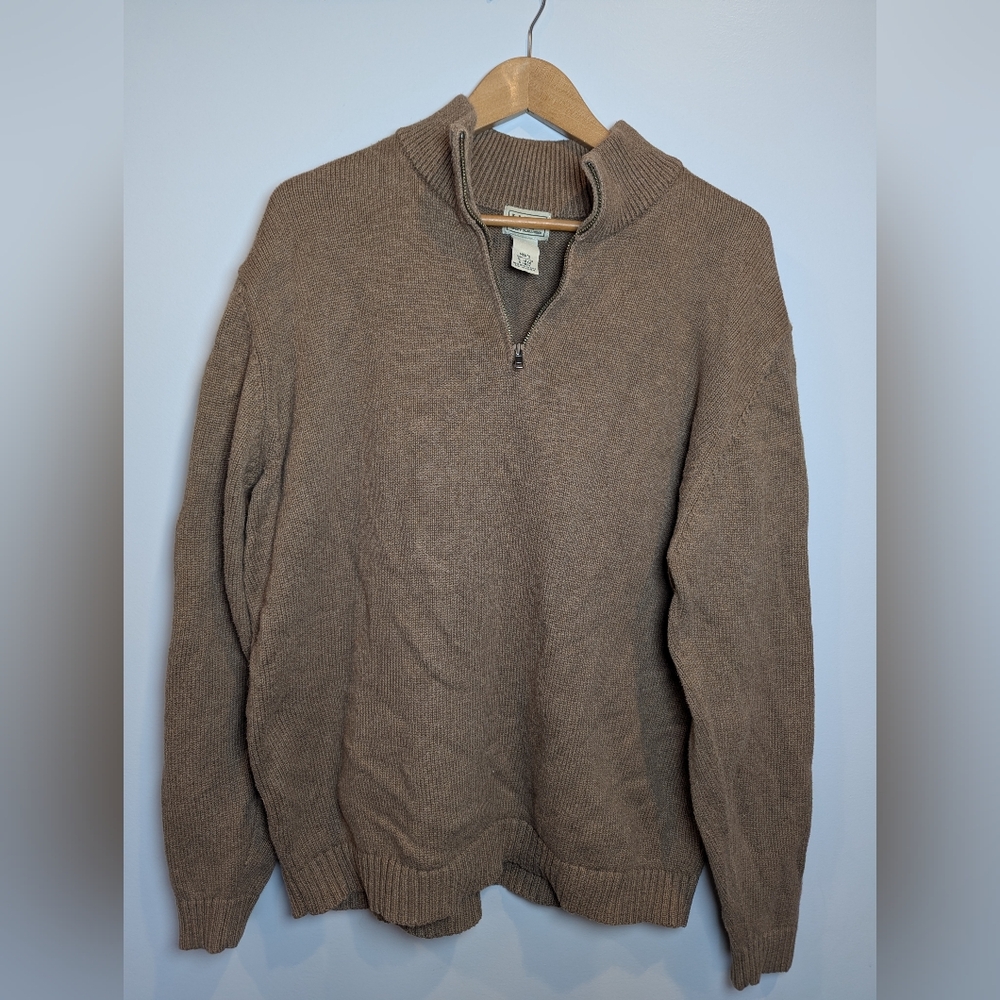 L.L. Bean Knit Sweater Men XL Mock Neck Cotton Brown Long Sleeve Half Zip Chunky